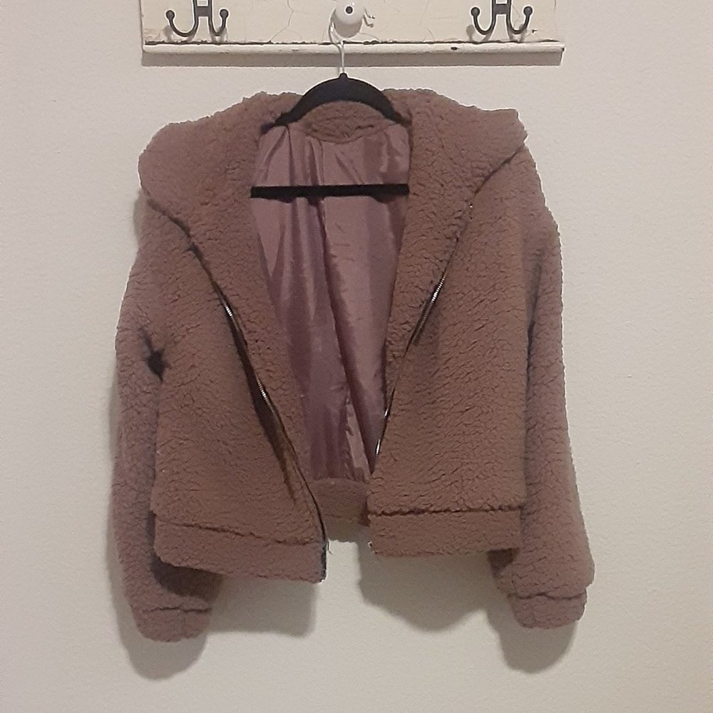 Grey/Rose Pink Fuzzy Teddy Jacket Shein Womens L